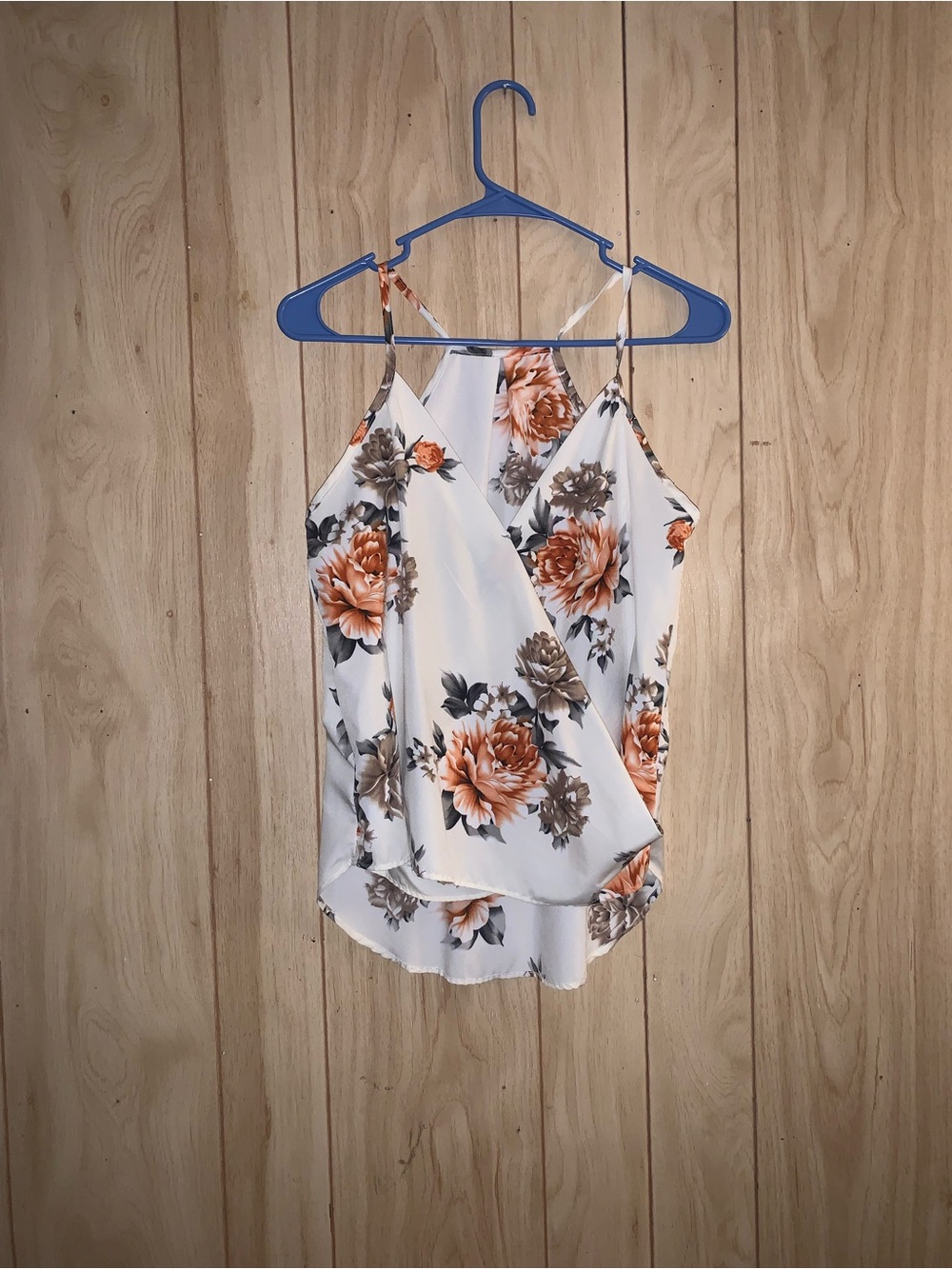 Floral Wrap-Front Camisole Tank Top - White with Orange Floral